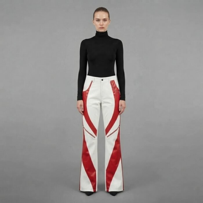Women's White & Red Leather Pant
