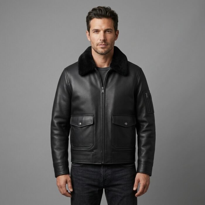 Men's Black Shearling Leather Bomber Jacket