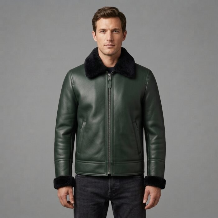 Men's Green Shearling Leather Bomber Jacket