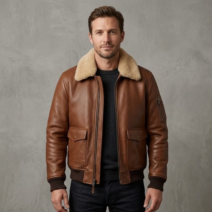 Men's Brown Shearling Leather Bomber Jacket