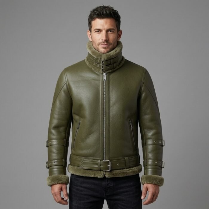 Men's Olive Shearling Leather Bomber Jacket