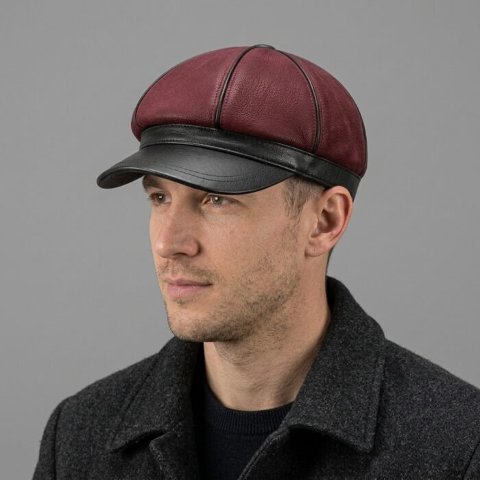Men's Maroon & Black Leather Cap