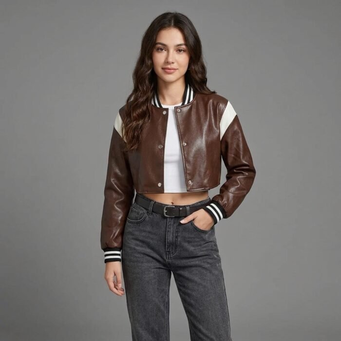 Women's Brown & White Varsity Leather Jacket